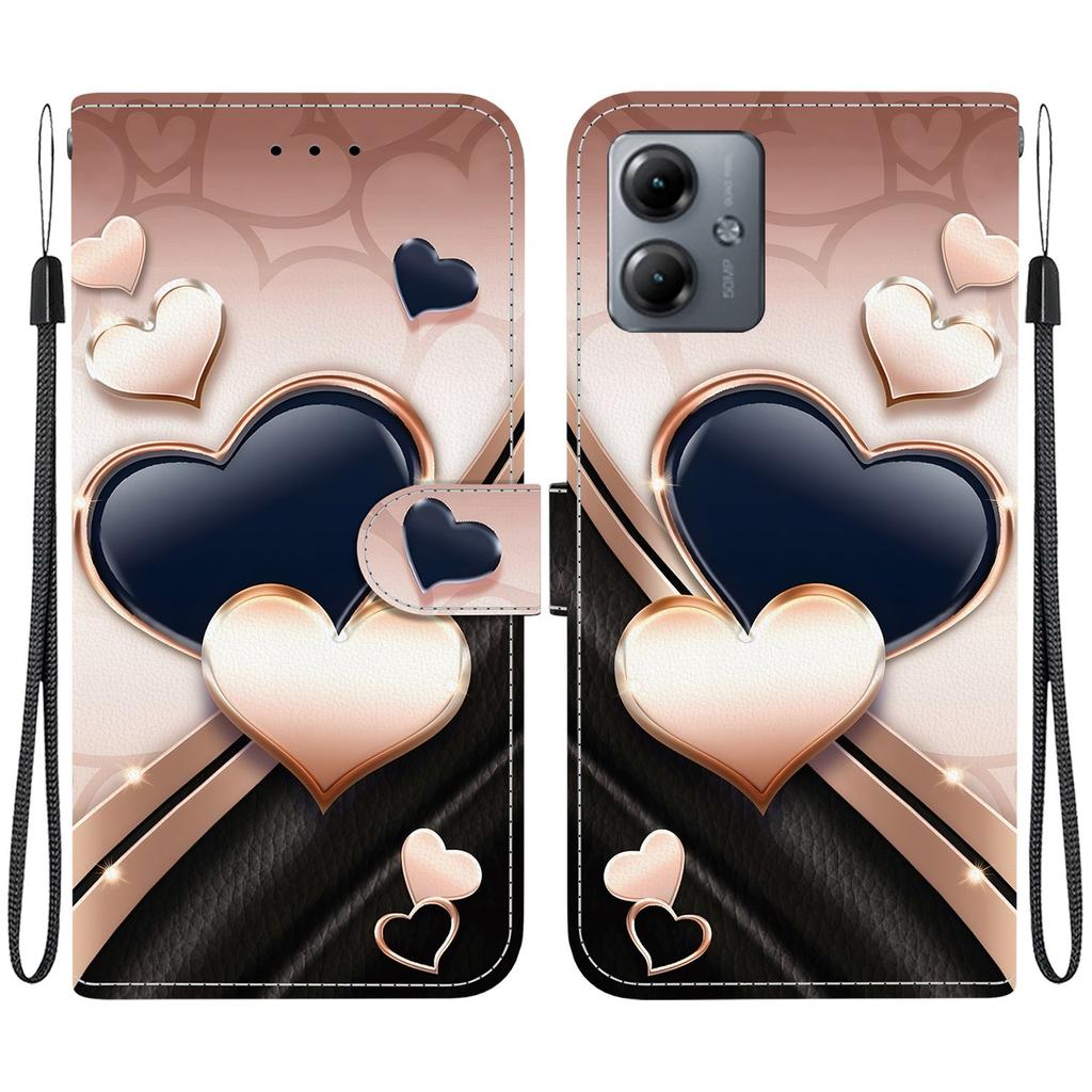 Handmade PU Leather Flip Case for Motorola Moto G14 Anti-Slip Shockproof Cover with Wrist Strap & Heart/Rose Cat Designs