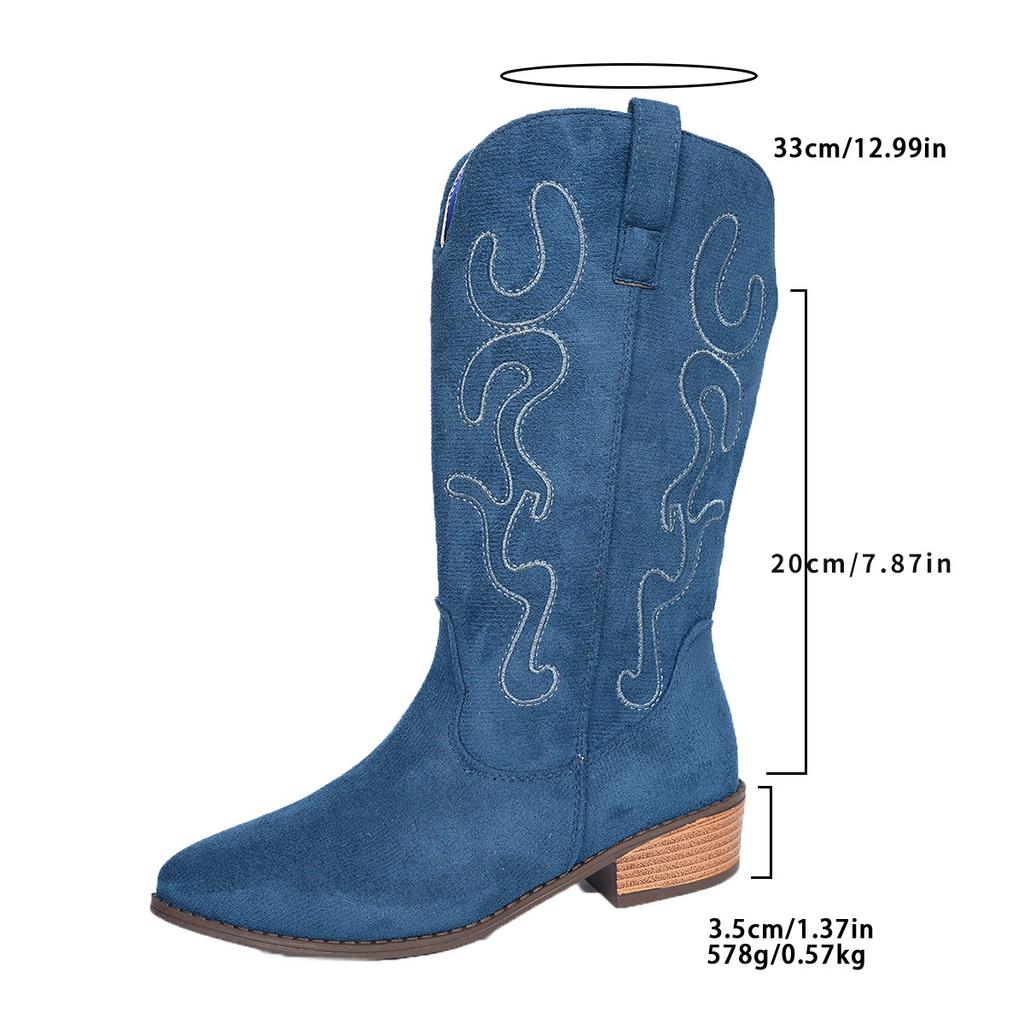 British Style Suede Pointed Toe Low-heeled Knight Boots for Winter 2025 New Plus-size Embroidered Sleeve Mid-leg Boots