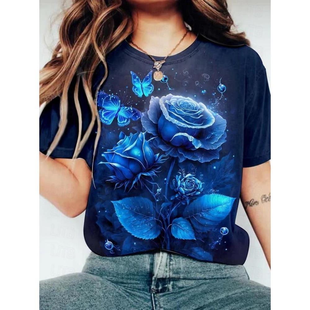 Women's T-shirt Rose casual holiday print short sleeved fashionable round neck T-shirt
