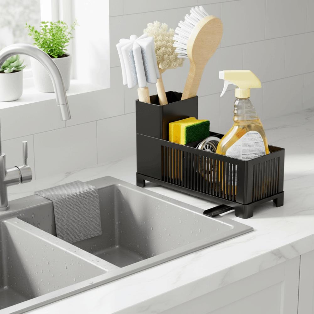 Space-saving Kitchen Sink Organizer Plastic Dish Soap Dispenser  Scrub Brushes