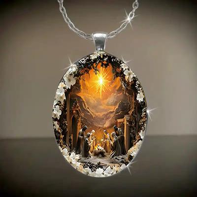 Sub Soare Model Rugăciune Mulțime Pandantiv Oval Sticlă Aliaj Colier