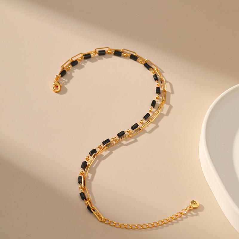 Women 18k Gold Plated Copper Double Layer Anklet With Black Acrylic Bead Extender Design