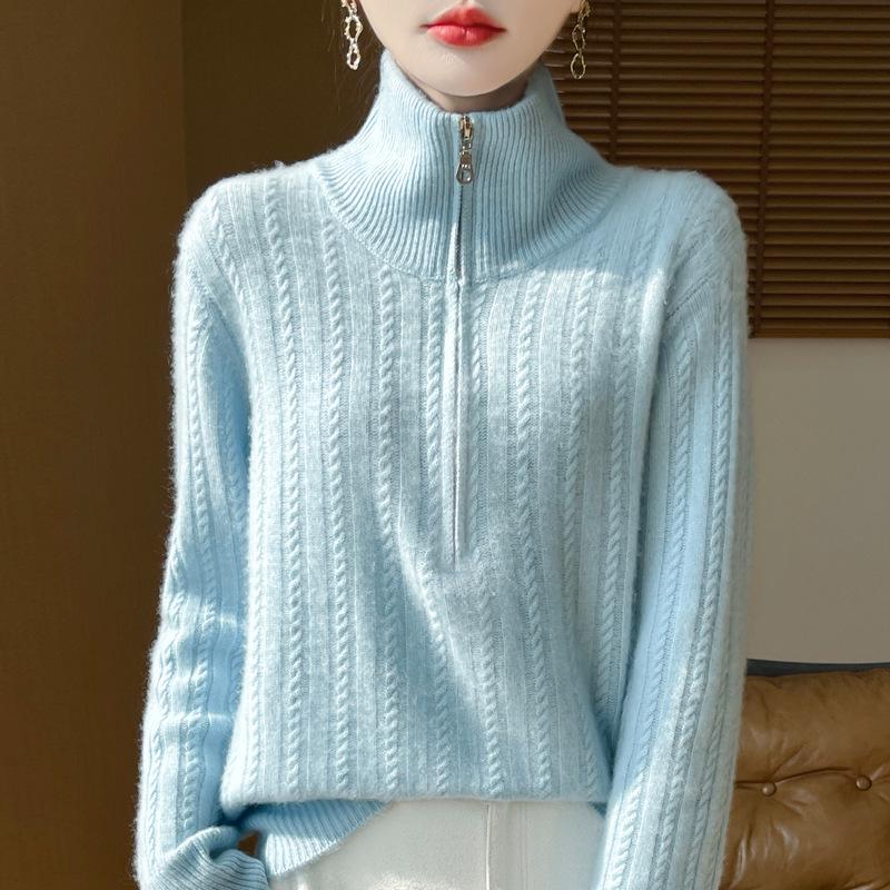 Women's 100% Pure Wool Thickened Half-Zip Cable Knit Cardigan