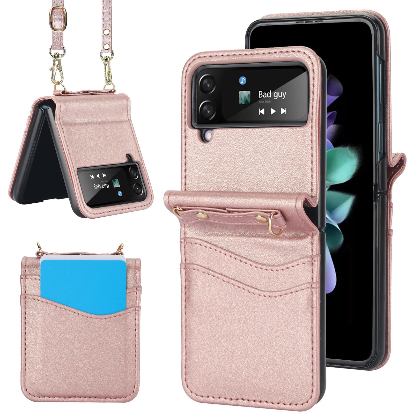 

Crossbody Cards Solt Wallet Leather Case For Samsung Galaxy Z Flip 6 5 4 3 5G Flip5 Flip4 Slim Bag Long Lanyard Holder Cover For Samsung Z Flip 5&Case & Strap розового золота