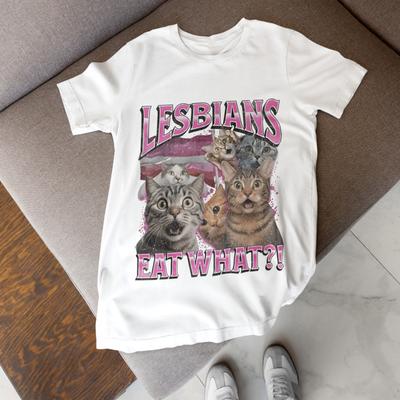Lesbians Eat What Funny Cat Meme Shirt LGBTQ Pride Humor Tee
