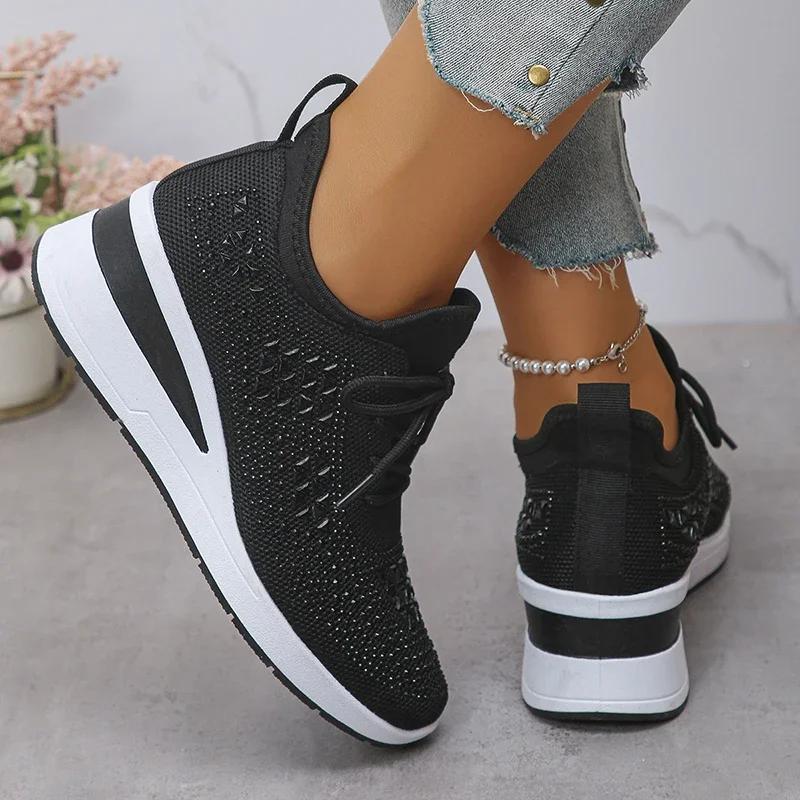 Fashion Women's Hot Pink Crystal Knitted Sneakers Autumn 2025 Shiny Rhinestone Wedge Heels Vulcanize Shoes Woman Platform Casual Shoes