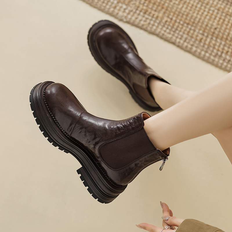 Krazing Pot Sheep Skin Round Toe Winter Med Heels Chelsea Boots Women Zipper Retro Fashion Platform Ankle Boots