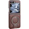 Brown, Leather Case for Samsung Galaxy Z Flip 6, with Ring Holder Stand, Supports Wireless Charging Phone Cover Luxury Business