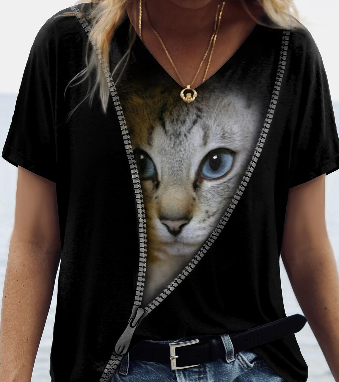 

S-8XL Плюс Размер Женская Футболка Kawaii Cat Print 3D Футболка Модные Футболки С Коротким Рукавом Топы Летняя Женская Одежда с V-образным Вырезом 8XL