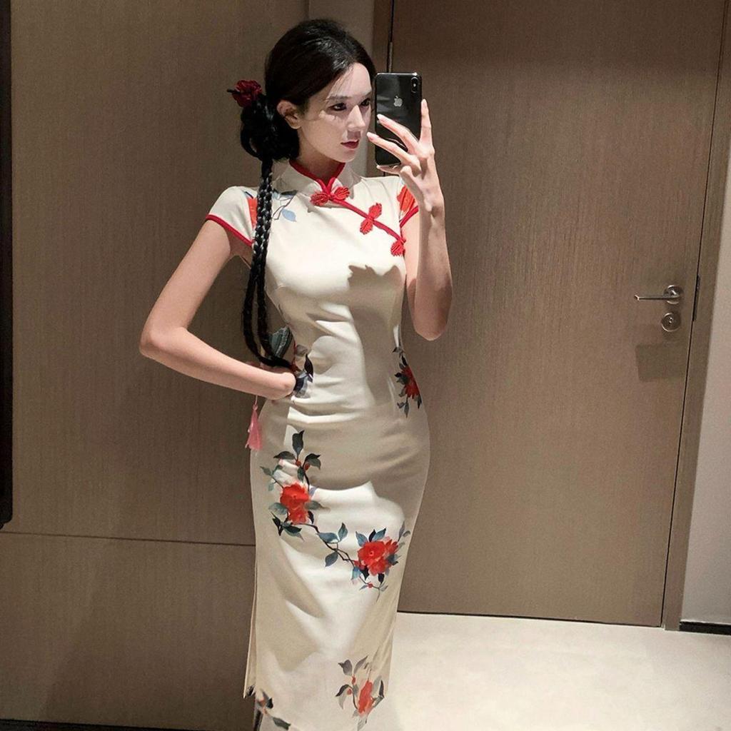 Summer Chinese-Style Cheongsam Dress with Frog Button, Waist-Cinched, Sexy Slit Midi Skirt – New Women's Arrival