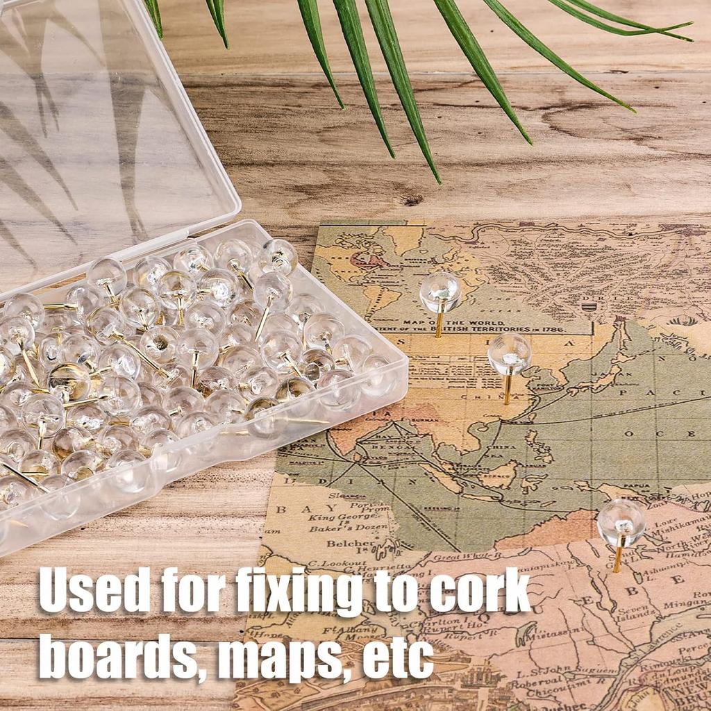 AIEX 100pcs Clear Round Push P, Gold Ball Push P with Storage Box Round Thumb Tacks Bulk for Daily Study Office Data Storage Organizing Files (Gold)