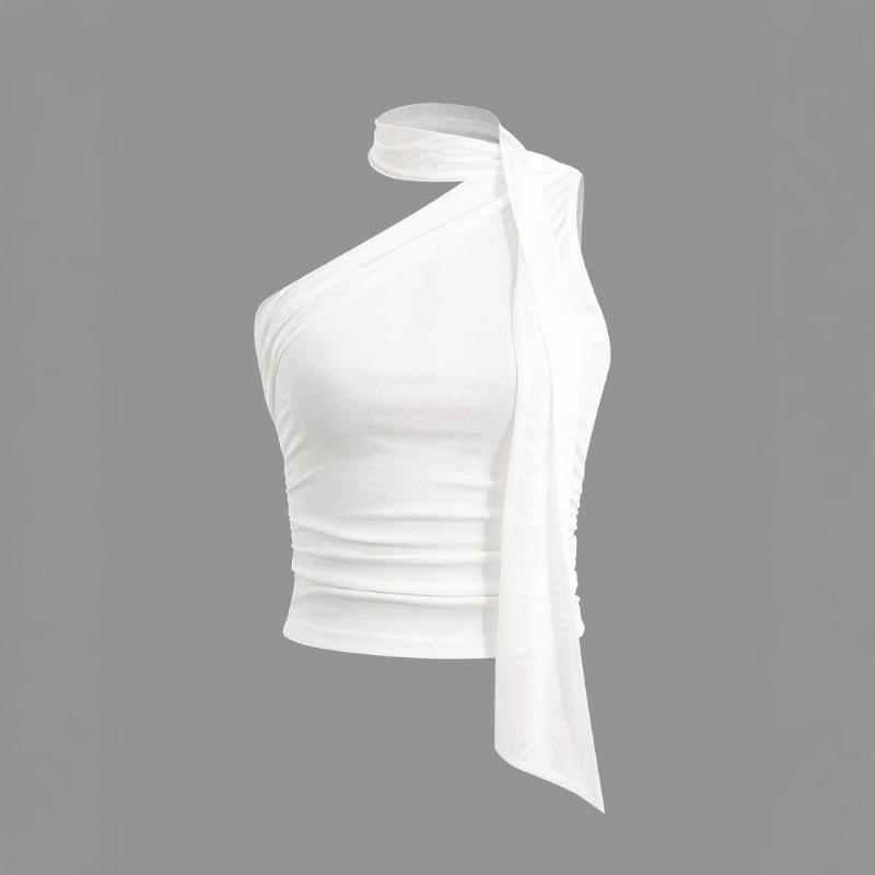 

Европейский и американский топ на одно плечо со скошенным плечом, шарф-лента, плиссированный жилет L белый