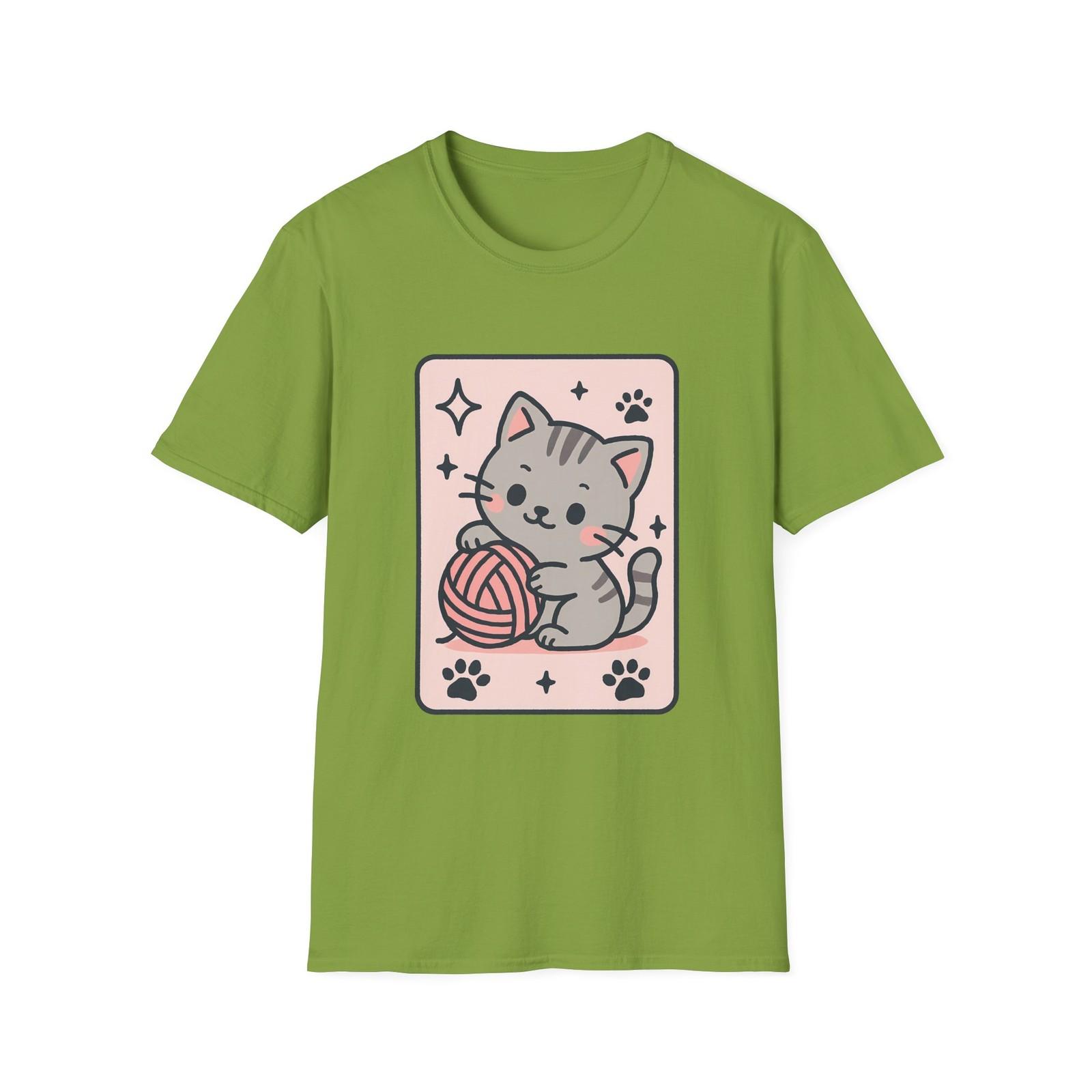 Unisex Softstyle Playful Kitten and Yarn T-Shirt Mens Womens Tees Top | Whimsical Cat Lover XL