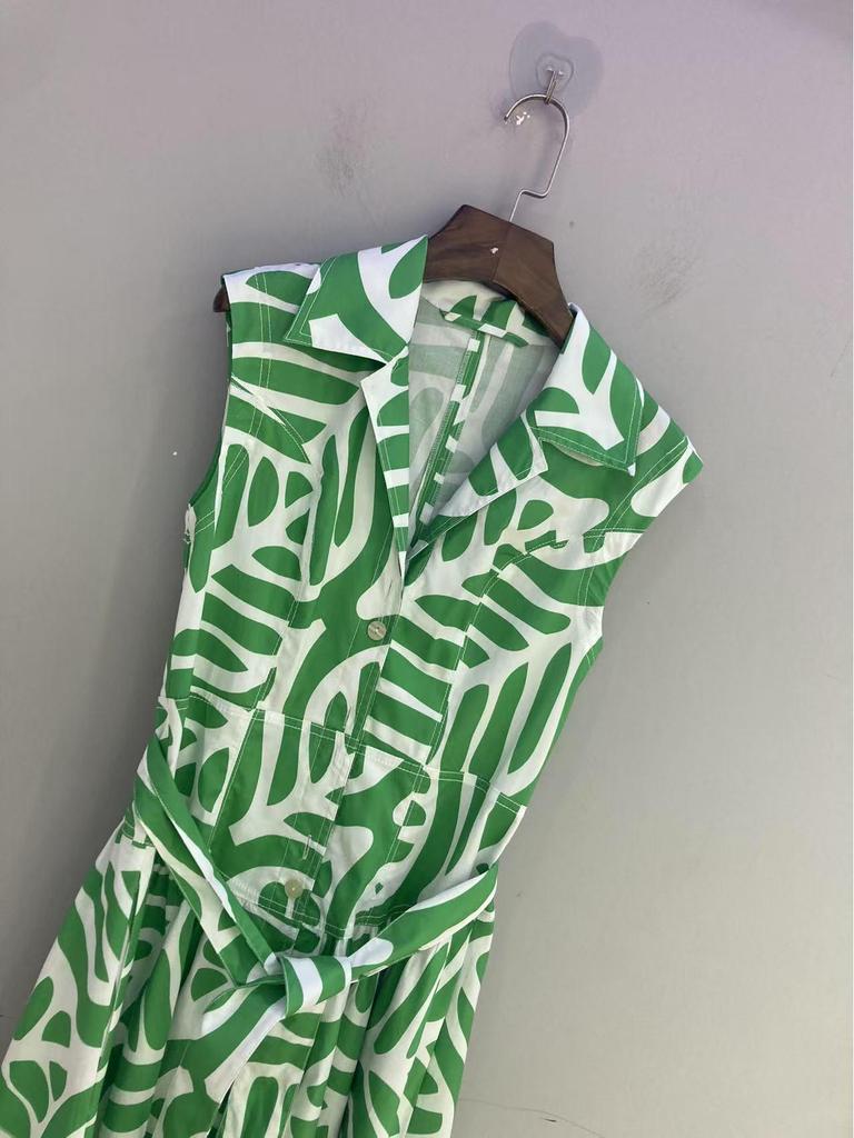 DVF Early Autumn Green & White Palm Leaf Dress with Waist Belt - Flattering Resort Fashion