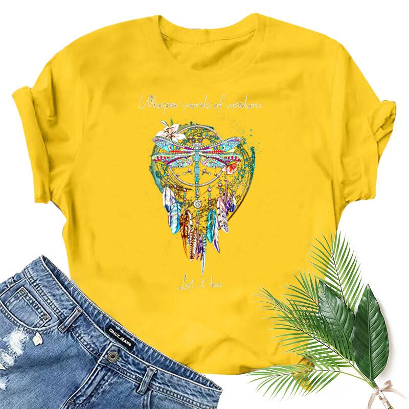 

Футболка с принтом стрекозы и колокольчиков ветра, женская, с коротким рукавом, с круглым вырезом, свободная, женская, модная, футболка, топы, одежда Mujer XXXL жёлтый