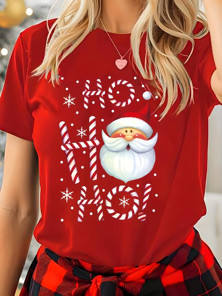 Fashion Summer New Women's Round Neck Cartoon Santa Claus Pattern Letter Printed Short Sleeve Casual Comfortable Fashion T-shirt