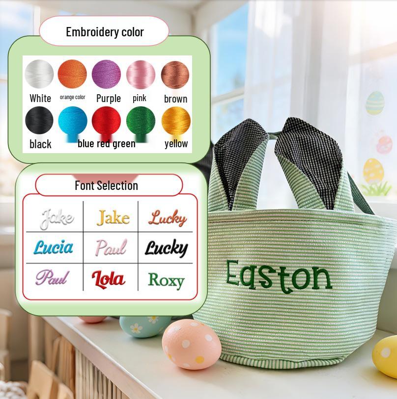 Personalized Easter Basket with Embroidered Rabbit Ears - Plaid Bubble Gauze Tote for Egg Decoration Storage