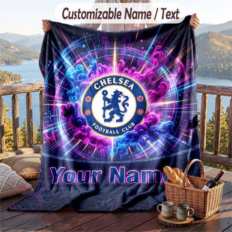 Flannel Blanket Chelsea FC Print Custom Name Text Soft Throw for Sofa Bed