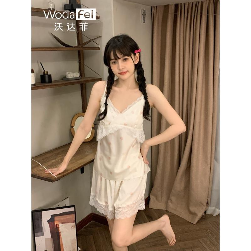 Lace sexy camisole shorts, satin set, pure and alluring style, with bra pads, ice silk slip dress, spring/summer new pajamas for women