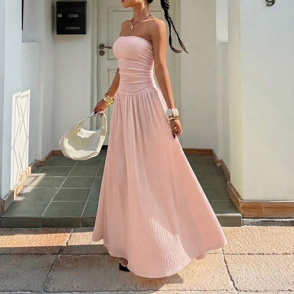 Women Sleeveless Strapless Tube Top Maxi Dress Casual Fitted Elegant Ruched Bodice Flowy Long Dress for Summer Party Vacation