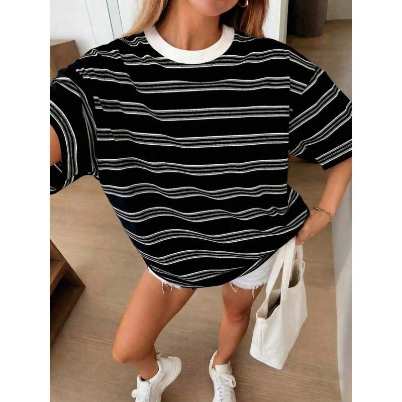 Womens Casual Short Sleeve Round Neck T-Shirt With 3D Stripe Print Soft Cotton Blend Urban Style Wear