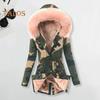 Women Winter Down Coat Faux Fur Fleece-lined Zip-up Press Button Closure Windproof Mid Length Jacket Camouflage Print Slim Fit Outerwear