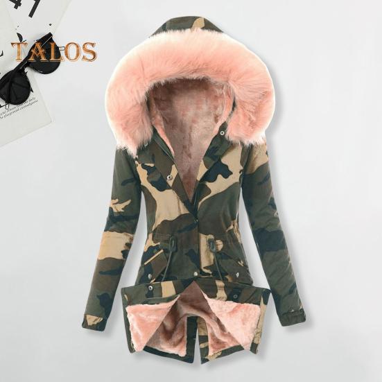 Women Winter Down Coat Faux Fur Fleece-lined Zip-up Press Button Closure Windproof Mid Length Jacket Camouflage Print Slim Fit Outerwear