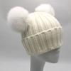 Custom Labels Double Pom Pom Baby Toddler Children Winter Beanie Knitted Hats With Fur Pompom