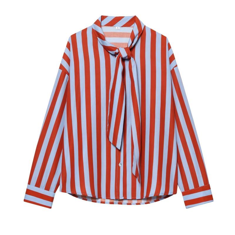 Womens Striped Long Sleeve Shirt With Tie Neck Loose Fit Linen-Feel Top Casual Street Style Blouse