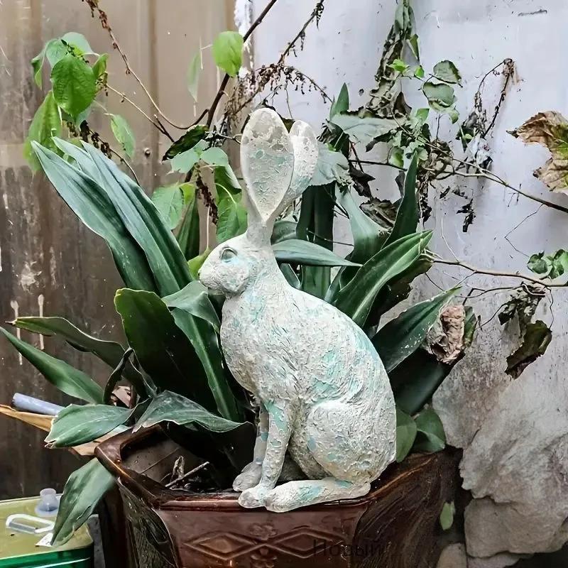Frost Resistant Vintage Rabbit Sculpture Macaron Pastel Resin Statue Indoor Outdoor Garden Decor Ornament