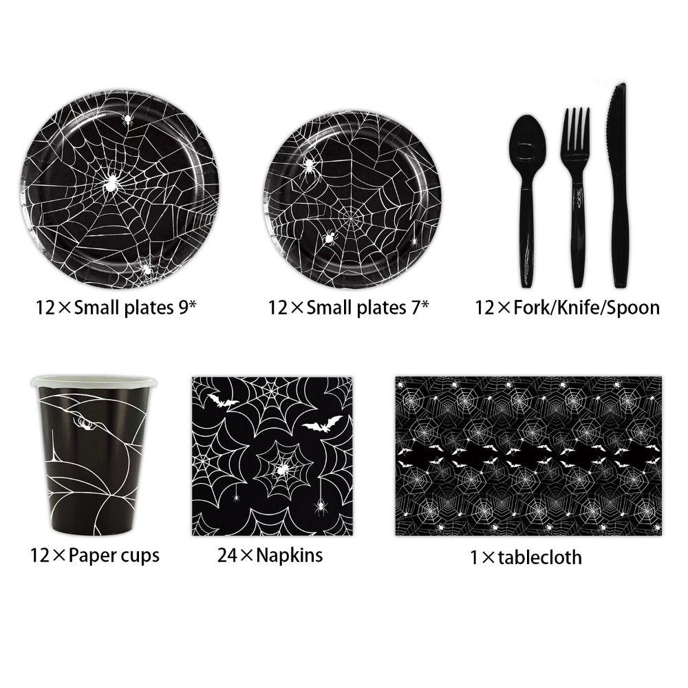 

1 набор на 12 человек, набор столовых приборов для вечеринки на Хэллоуин, черная тематическая вечеринка, день рождения 1 set