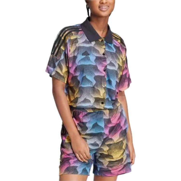 Adidas Tiro Print Mesh Collar Button-Down Short Sleeve Shirt Women Tops Multicolor IQ4815