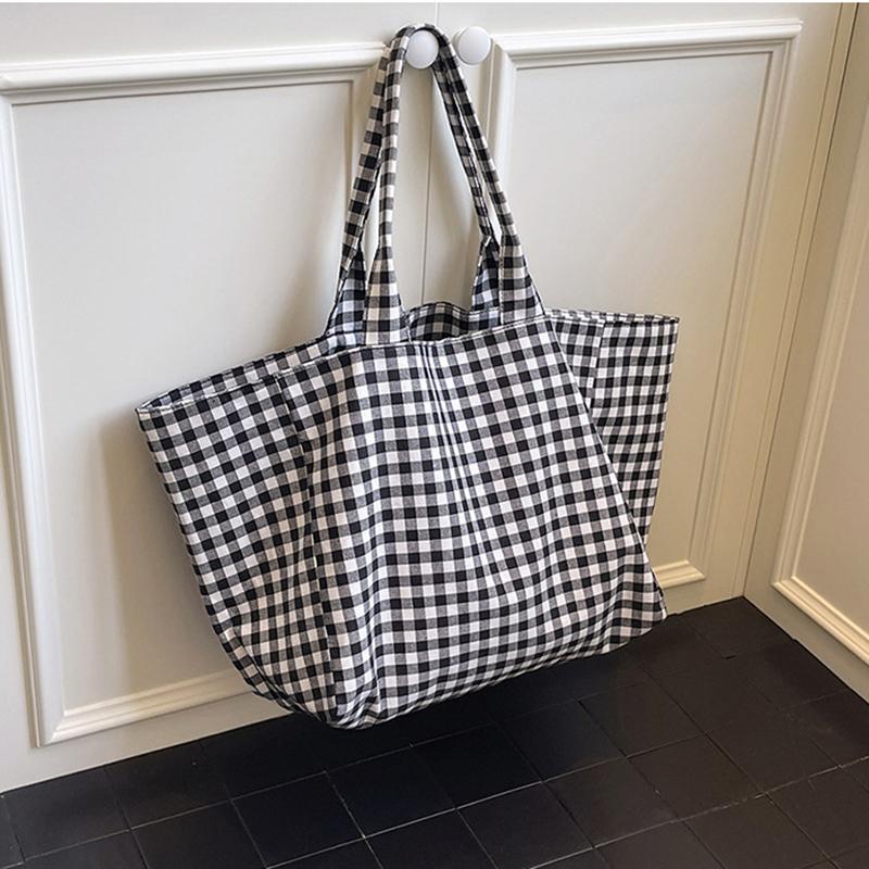 Large Capacity Plaid Women's Canvas Shoulder Bags Simple Commuter Female Shopping Bag College Girls Book Tote Travel Handbags