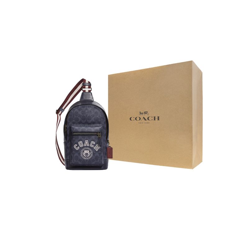 Coach West 20 Varsity Pattern Print Zipper Closure Coated Canvas And Calfskin Shoulder Bag Crossbody Bag Chest Bag Small Men bags CB913-QBOIZ