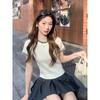 Chic Color-block Round-neck Fitted Knitted Short-sleeved T-shirt for Women In Summer - Extremely Stylish, Slimming, Short-sleeved Top.