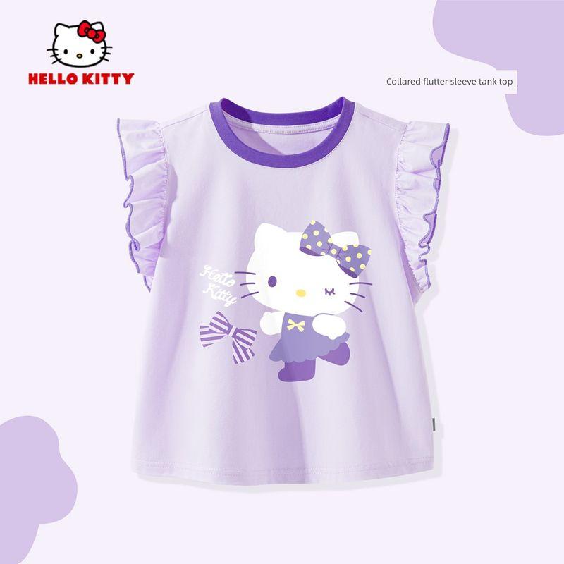 Hello Kitty Girls' T-Shirt Summer 2025 New Pink Girls' Flutter Sleeve Top Pure Cotton Children's Summer Clothing
