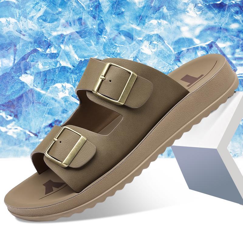 Fashion Double Buckle Designer Leather Slippers for Men Summer New Designer Flat Slipper Shoes Male Fashion Casual Flip Flops Man