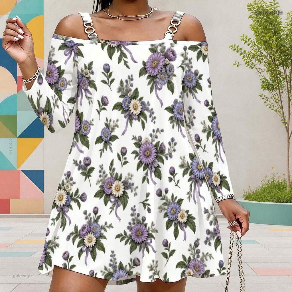 Women Plus Size Cold Shoulder Long Sleeve White Floral Printed Dress
