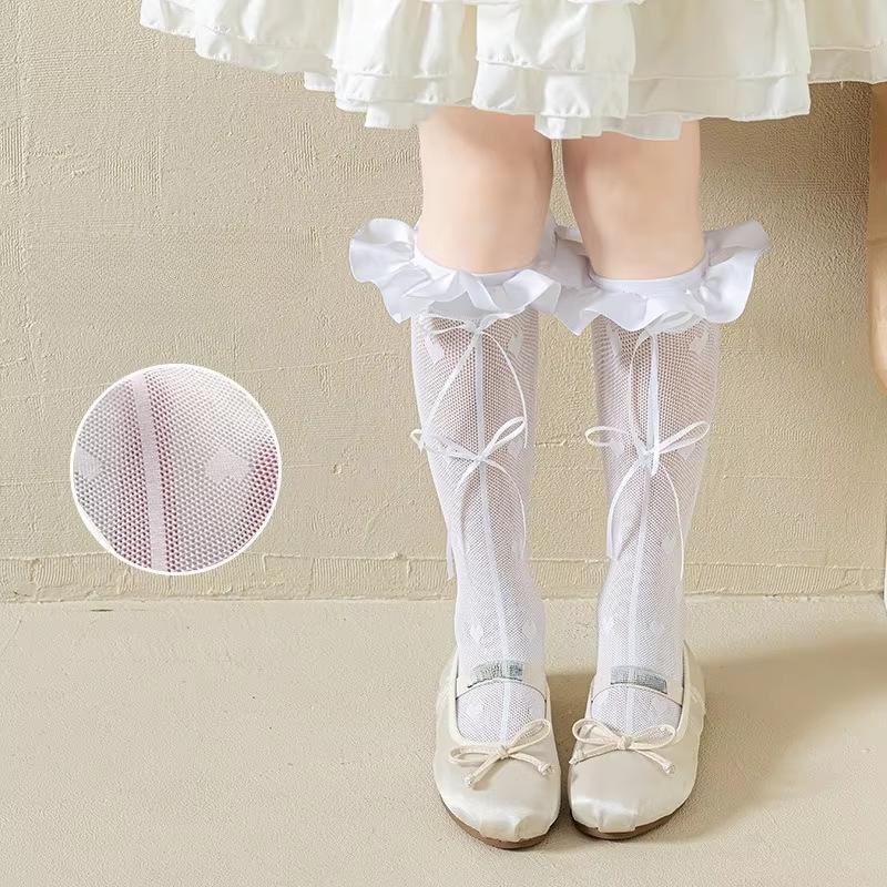 1 Pair Summer Thin Sweet Calf Mesh Sock for Kids Girl Bow Ribbon Heart Hollow Children's Sock Soft Lace Ballet Ruffle Sock