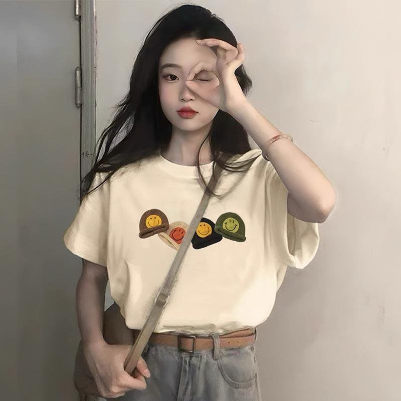 

Apricot shoulder short-sleeved t-shirt women s loose 2025 summer new Korean version pure cotton fashion foreign versatile t-shirt tide S