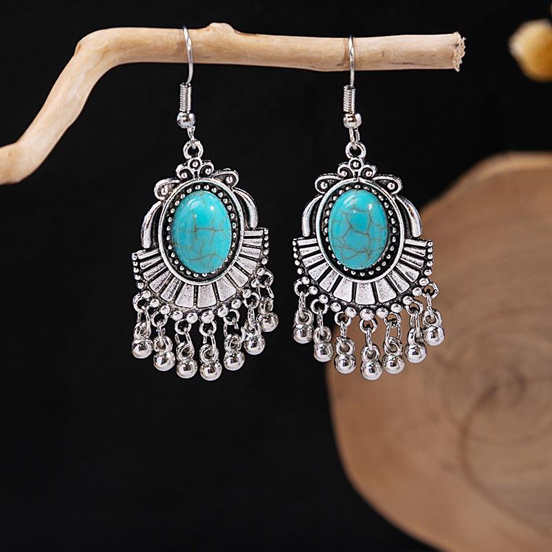Retro Ethnic Blue Turquoise Owl & Tassel Earrings