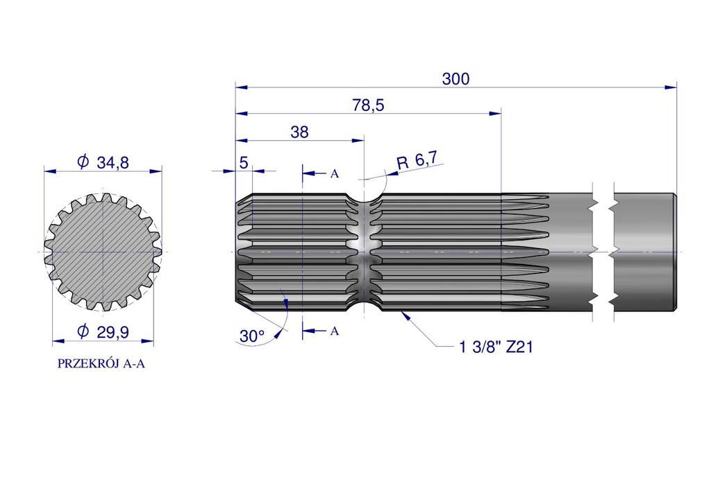 Shaft, PTO, milled on one side, 300mm Z21 - 1 3/8, Waryński