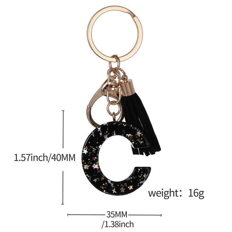 Black Resin Keychain with English Letter Pendant and Tassel