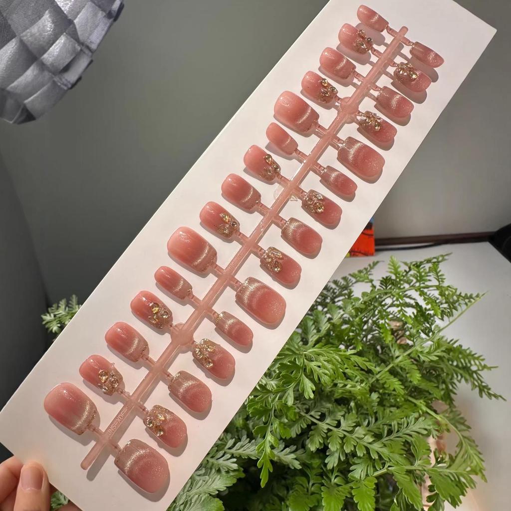 Zlaté francouzské kočičí oko šampaňské Ručně vyráběné hotové nehty - Nositelná, Hotové špičky nehtů, Umělé nehty