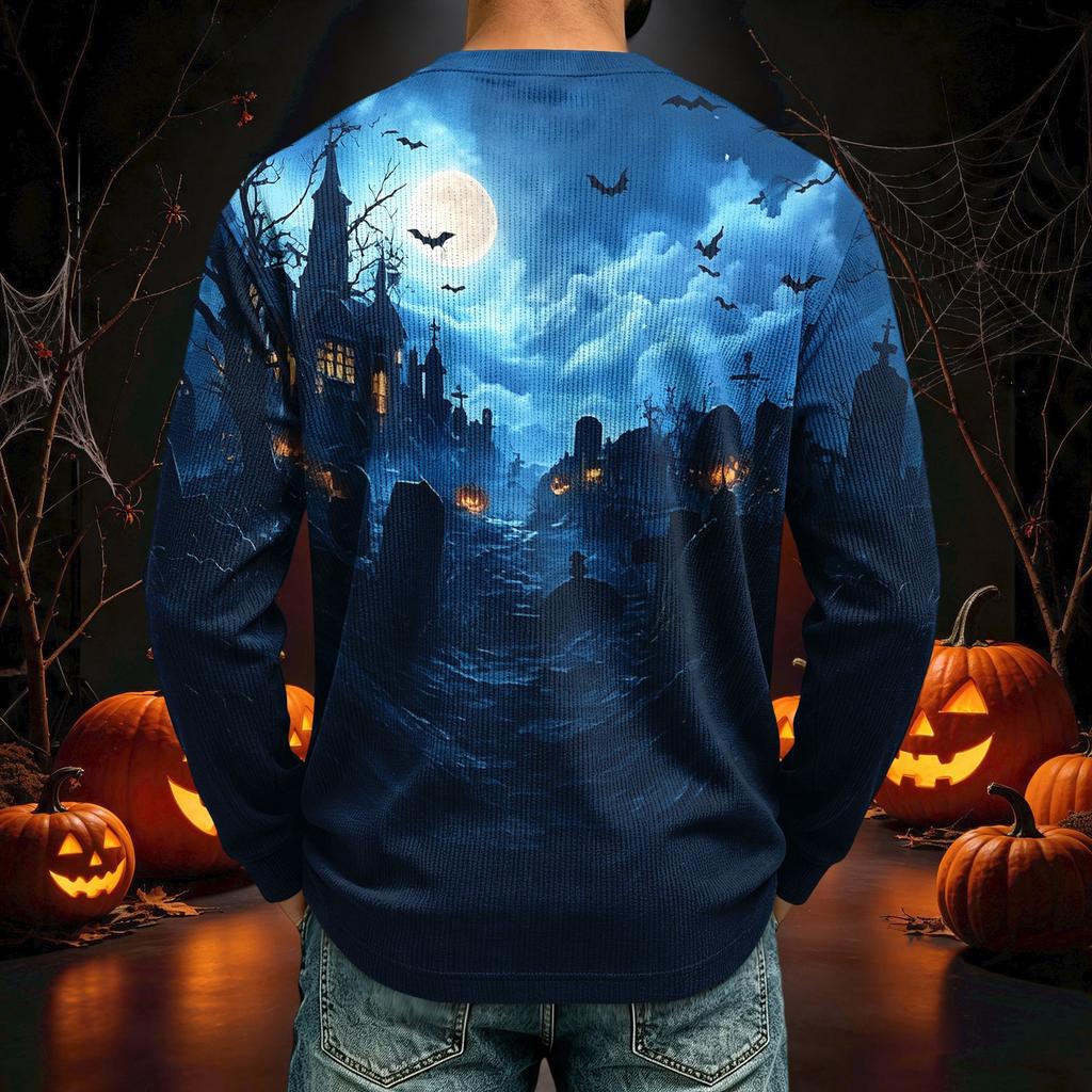 Men's Corduroy Long Sleeve Neck Shirt Halloween Print Casual Pullover Top