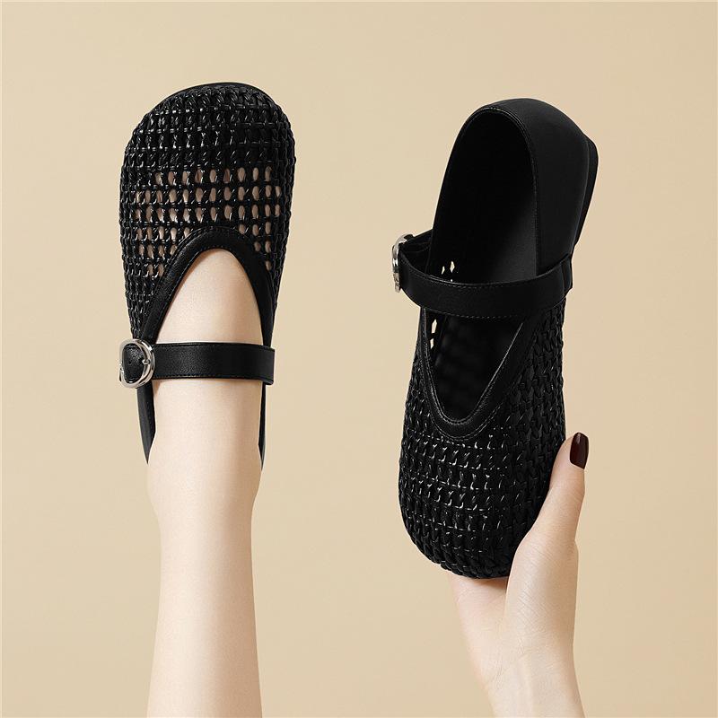 Breathable Mesh Small Single Shoes Women's Summer New One-word Buckle with Flat Bottom Comfortable Shallow Mouth Round Head Women's Shoes Fashionable