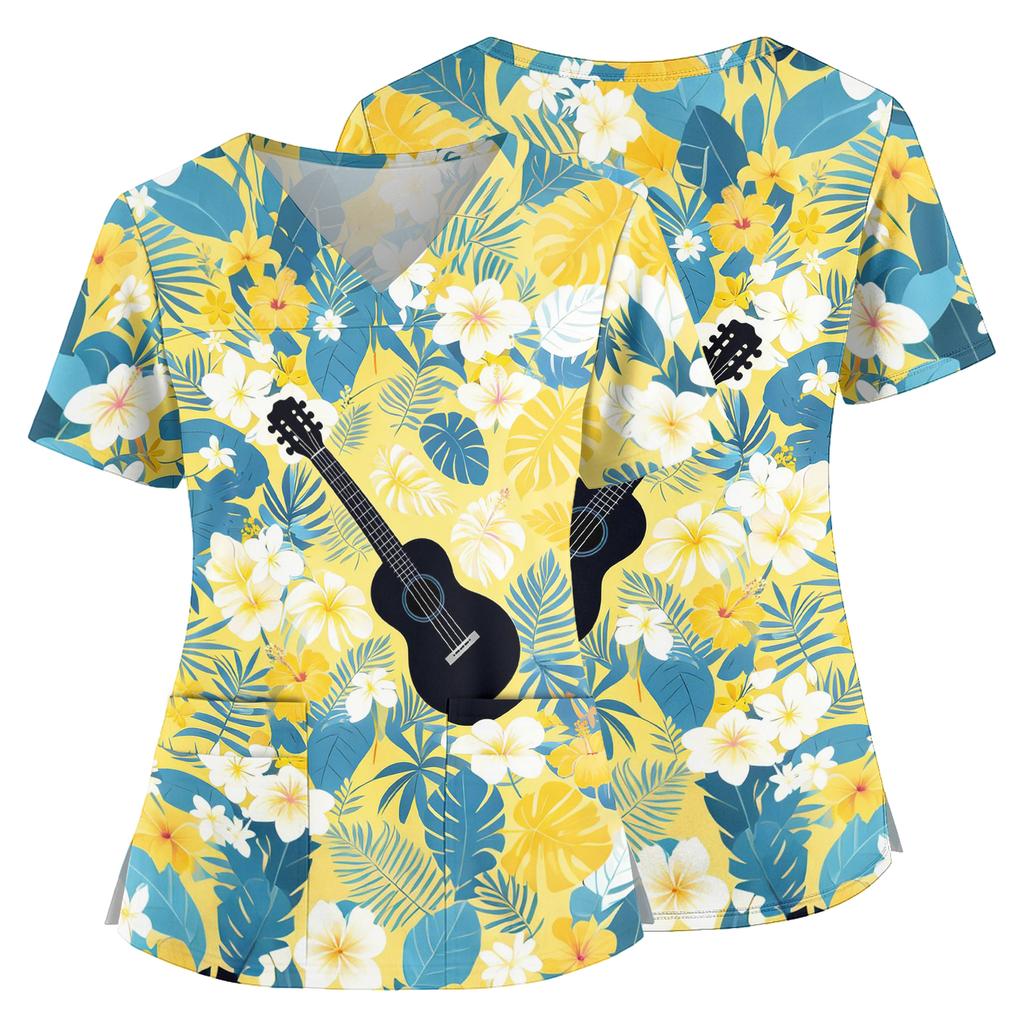 Women's V Neck Medical Scrub Top Hawaiian Print Short Sleeve Side Slit Pockets Nurse Uniform Shirt Lightweight Breathable Fabric