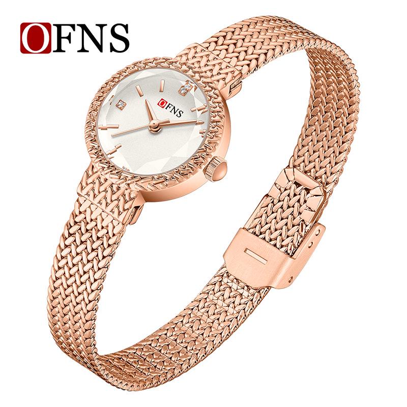 Ofns Women's Light Luxury Quartz Wristwatch - Wheat Ear Design, Round, Waterproof, Fashionable.
