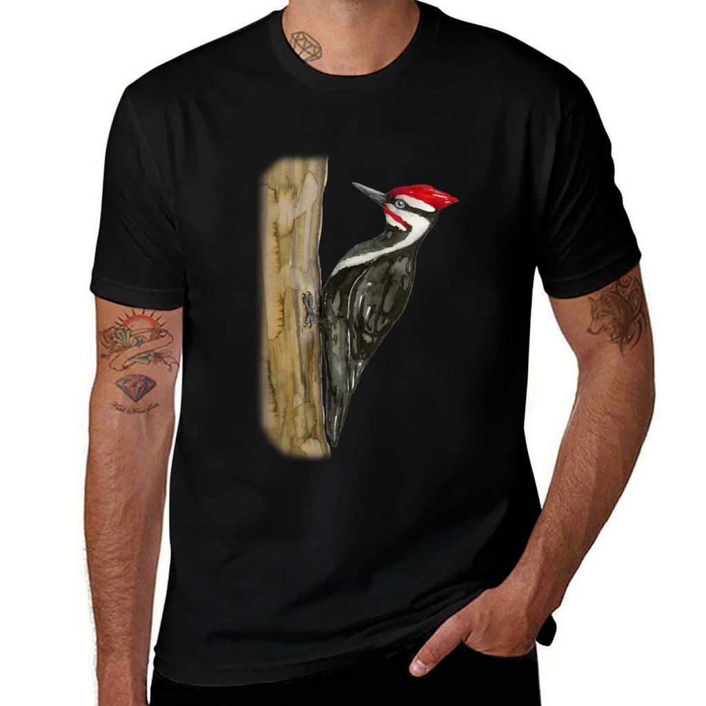 Pileated woodpecker watercolor T-Shirt Casual Simple Design Short Sleeve Shirt