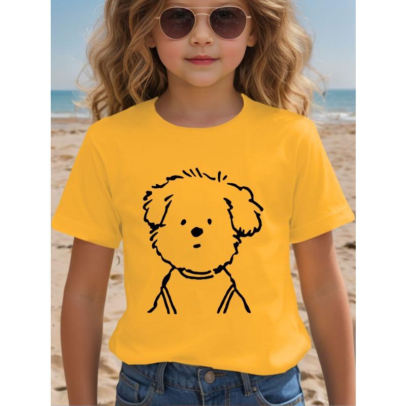 European Size Girls Round-neck Short-sleeved T-shirt with Simple Puppy Pattern Print